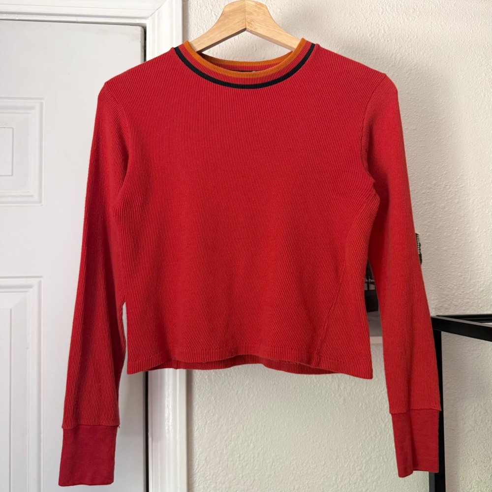 VINTAGE rust‎ red orange rib ribbed stretchy crew neck cropped long sleeve tee